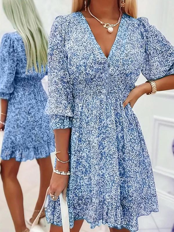 Women's Ditsy Floral Print Ruffle Trim Shirred A Line Dress, Boho Fashion Flounce Sleeve V Neck Short Dress, Dresses for Women, Back to School Outfits, Summer Clothes, Ladies Dress for Summer, Outfits To Hide Tummy Uk