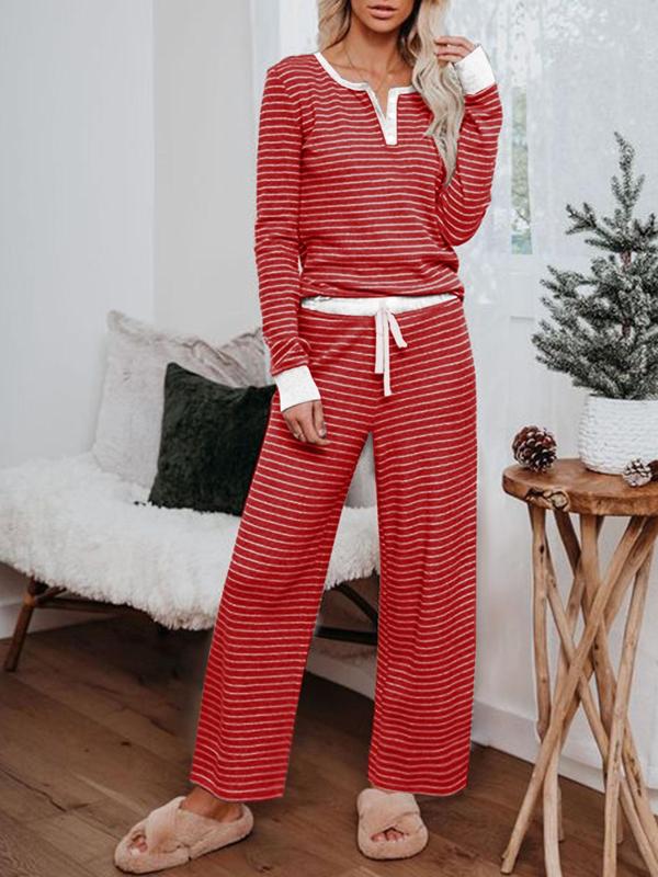 Women's Striped Print Button Tee & Tie Front Pants Loungewear Two-piece Set, Casual Comfy Round Neck Long Sleeve Top & Elastic Waist Trousers PJ Set, Women's Sleepwear for Spring & Fall