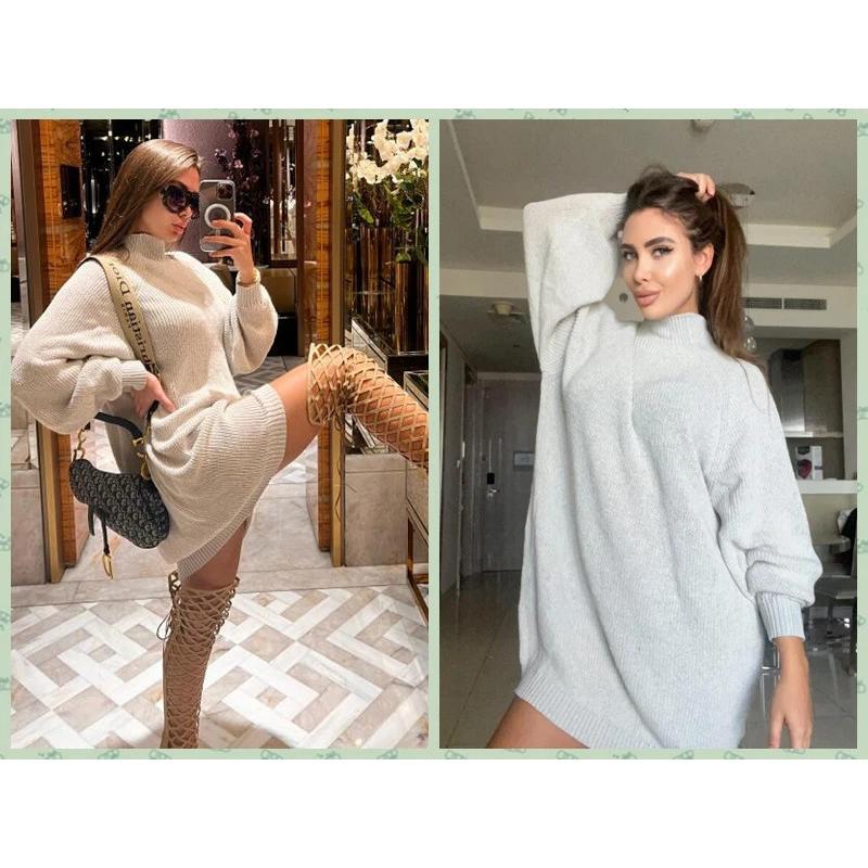 High neck chunky knit sweater dress solid color fashion casual loose knitwear sweatpants pullovers mini dress