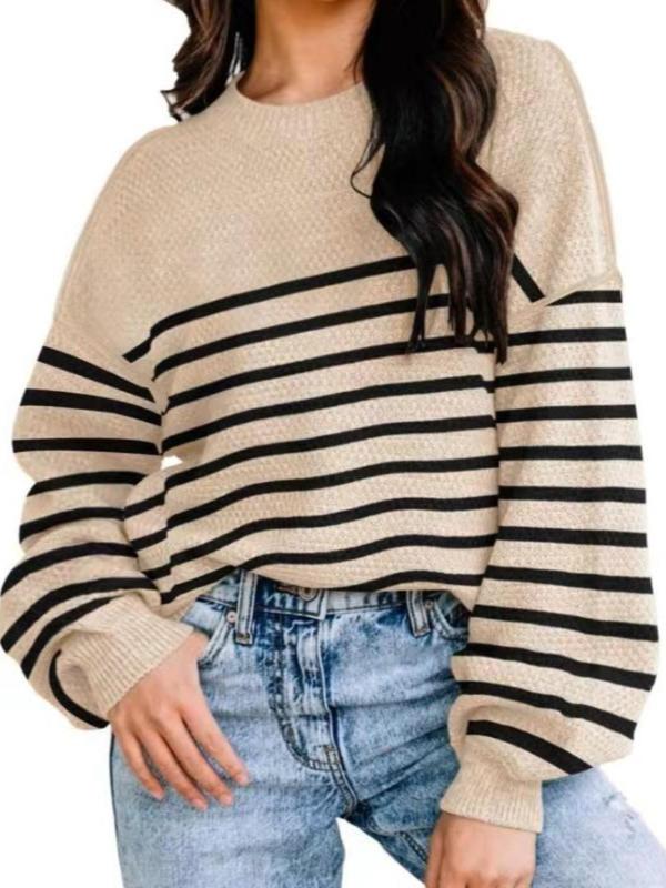 Women's Colorblock Striped Print Drop Shoulder Sweater, Casual Long Sleeve Round Neck Jumper for Fall & Winter, Fashion Ladies' Knitwear for Daily Wear