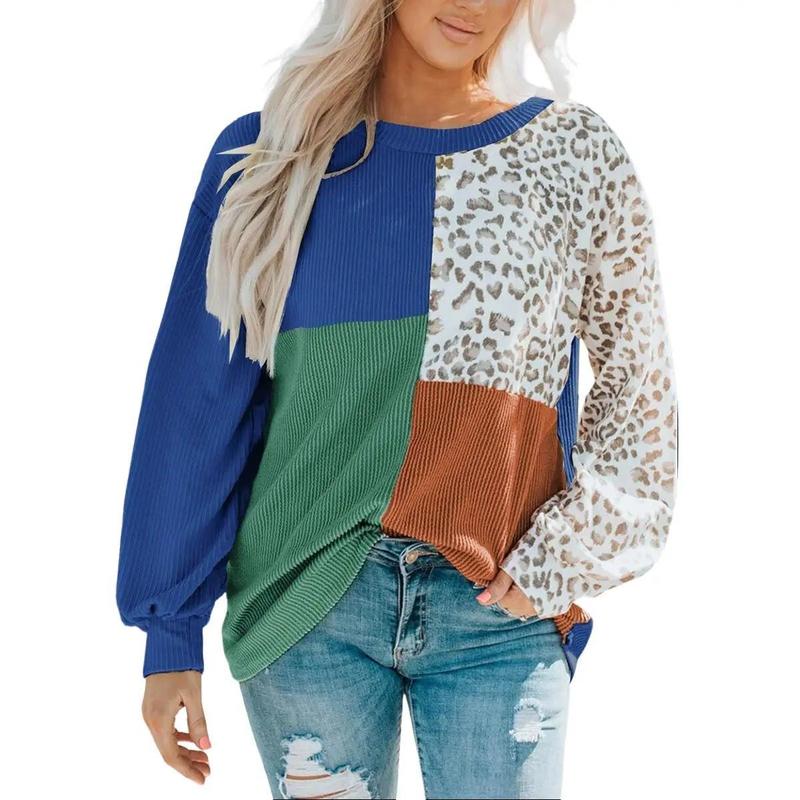 Womens Color Block Leopard Print Tops Long Sleeve Crew Neck Tunic Tops Ribbed Casual Loose Fall Tops