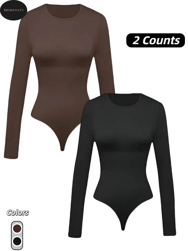 Women's Solid Round Neck Long Sleeve Shapewear Bodysuit, Casual Comfy Tummy Control Butt Lifting Shaper, Ladies Shapewear for All Seasons