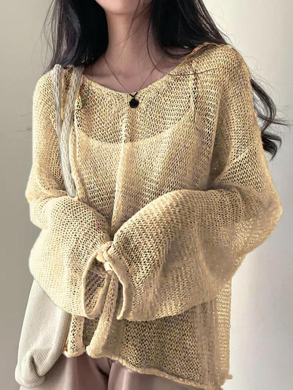 Women's Solid Hollow Out Drop Shoulder Sweater, Boho Casual Long Sleeve Round Neck Jumper for Fall, Back To School Outfits, Ladies Knitwear, Holiday Outfits 2024, Vintage Clothing