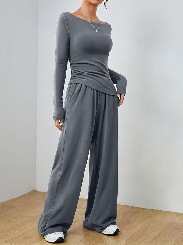  Two-piece Set Solid Ruched Boat Neck Tee & Elastic Waist Wide Leg Pants Set, Two Piece Set Women, Casual Long Sleeve Top & Pocket Trousers, Women's Fall & Winter Clothes