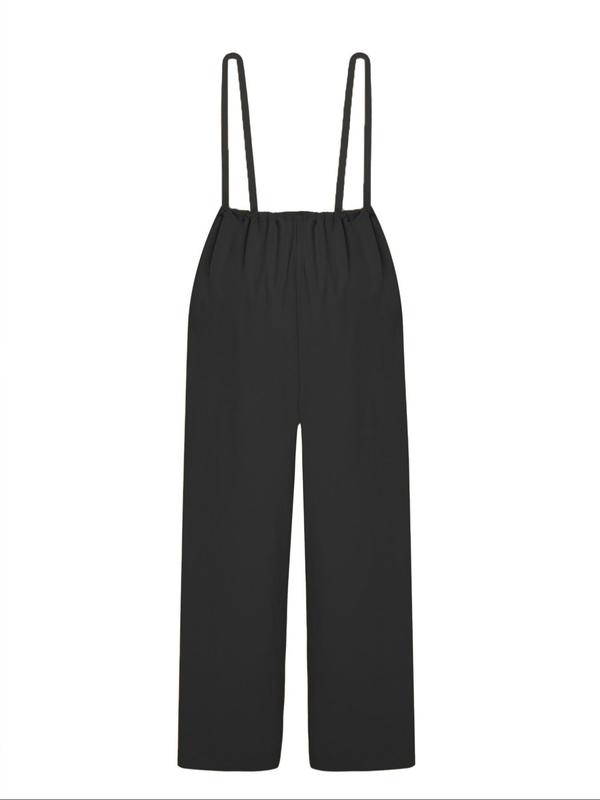 Women's Pocket Wide Leg Pinafore Pants, Comfy Pants, Casual Solid Color Bow Back Trousers, Summer Pants for Women, Women's Bottoms for Daily Wear