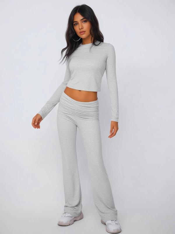 Women's Solid Long Sleeve Short Tee & Flare Leg Pants Set, Casual Round Neck Top & Bell Bottom Trousers for Daily Wear, Ladies Clothes for All Seasons