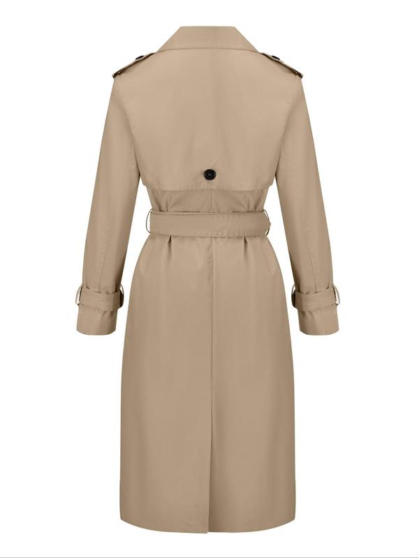 Women's Solid Double Button Belted Trench Coat, Casual Lapel Collar Long Sleeve Midi Coat for Fall & Winter, Women's Clothing for Daily Wear