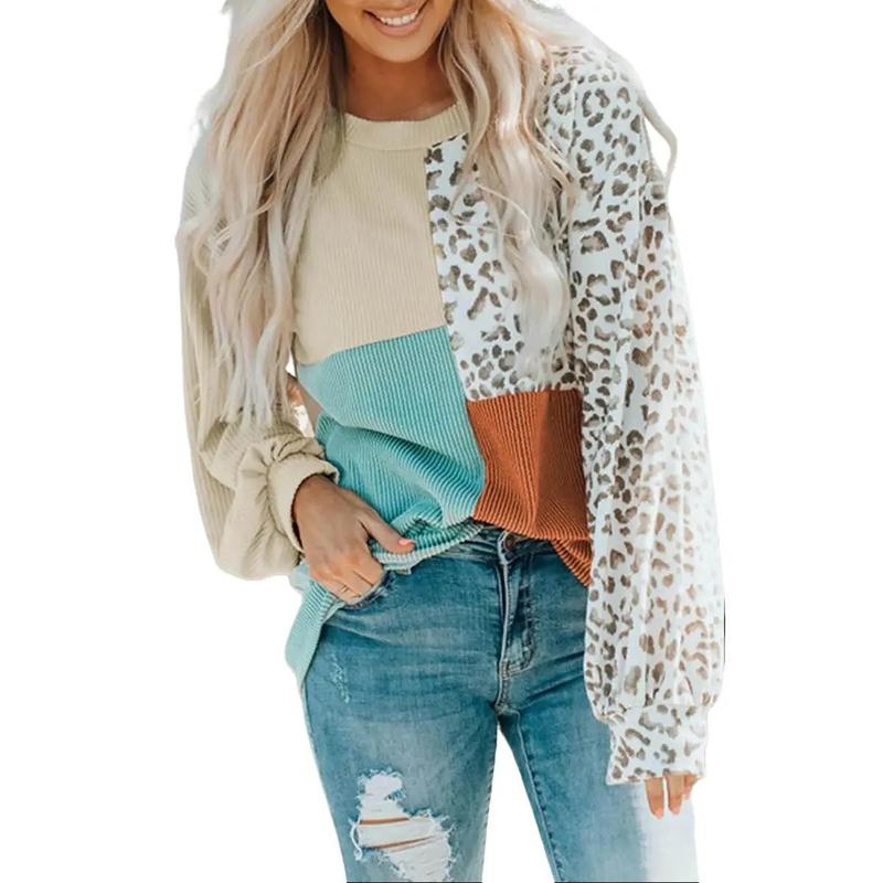 Womens Color Block Leopard Print Tops Long Sleeve Crew Neck Tunic Tops Ribbed Casual Loose Fall Tops