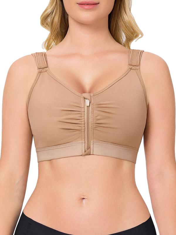 Women's Solid Ruched Zipper Front Wireless Bralette, Casual Comfortable Breathable Bra, Women's Lingerie for All Seasons