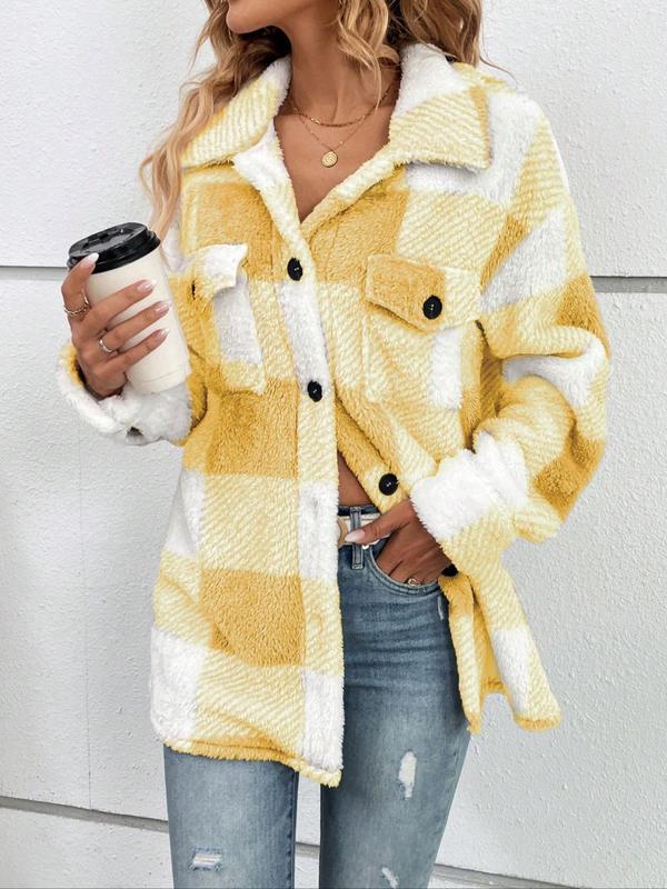 Women's Plaid Print Button Front Drop Shoulder Plush Coat, Casual Jackets, Long Sleeve Collared Outerwear for Fall & Winter, Ladies Clothes for Daily Wear