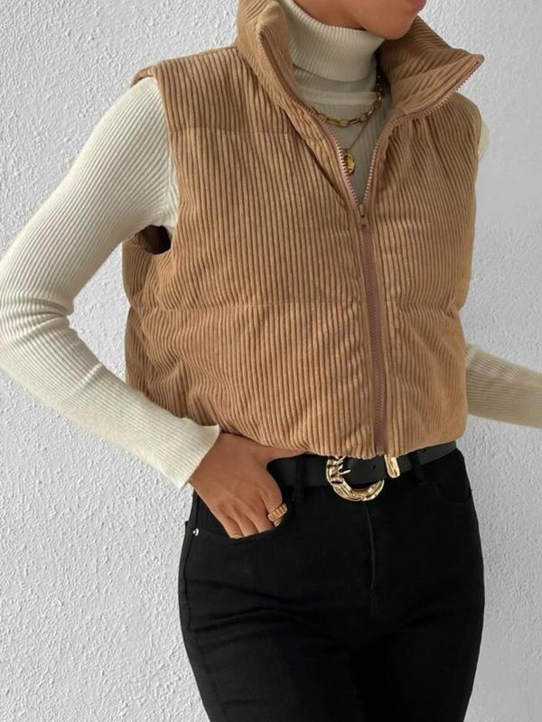 Women's Solid Zip Up Crop Corduroy Vest Coat, Casual Sleeveless High Neck Outerwear for Fall & Winter, Women's Clothing for Daily Wear