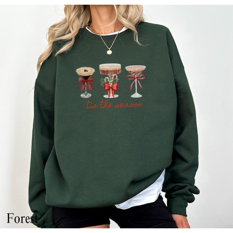 Espresso Martini Art Christmas Crewneck Sweatshirt, Espresso martini glass print, Christmas pullover sweatshirt for women, Christmas drink Q