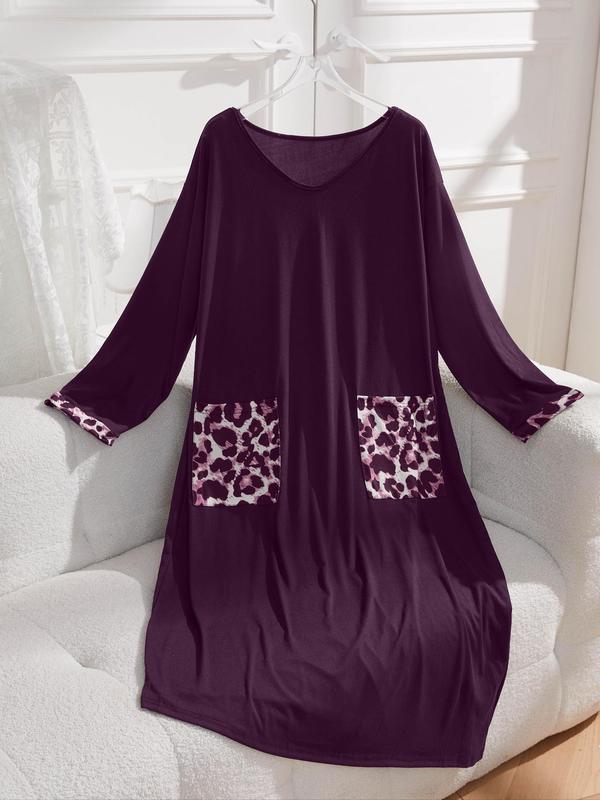  Leopard Print Pocket V Neck Lounge Dress, Casual Long Sleeve Tee Dress for Spring & Fall, Women's Sleepwear for Indoor Wear