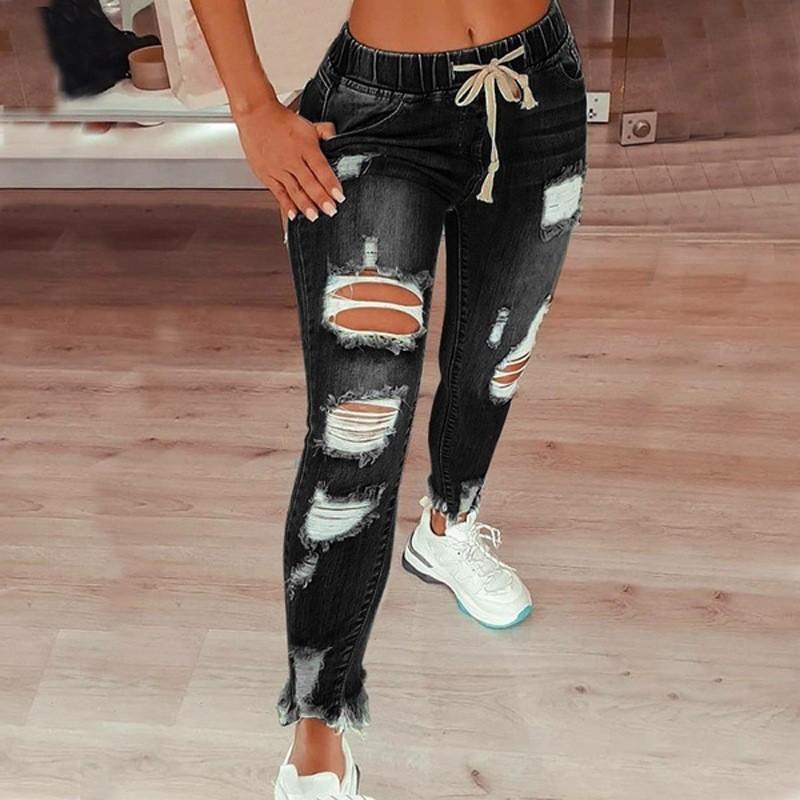 Fashionable casual simple street trend elastic waist women's jeans high waist ripped feet lace-up trousers Womenswear Bottom