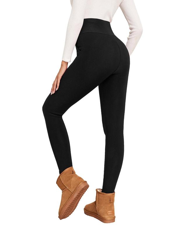 Women's Plain High Waist Pocket Thermal Lined Leggings, Casual Comfy High Stretch Warm Pants For Winter, Women's Bottoms For Daily Wear