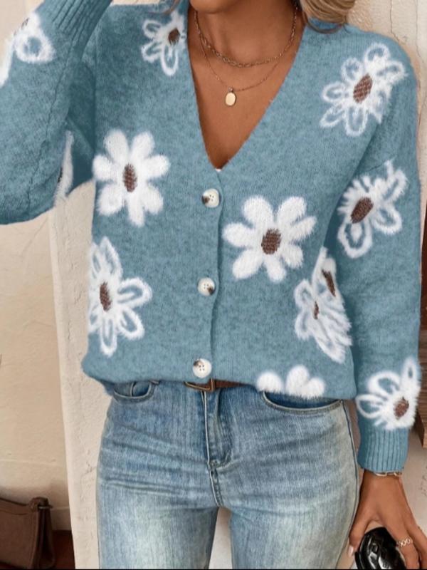 Women's Floral Print Drop Shoulder Button Front Sweater Cardigan, Casual Long Sleeve V Neck Cardigan Sweater for Daily Wear, Ladies Knitwear for All Seasons