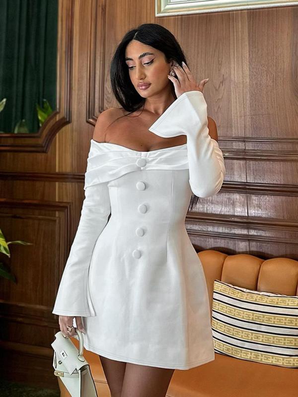 Women's Plain Fake Buttons Off Shoulder Dress with Transparent Strap, Elegant Flounce Sleeve A Line Short Dress for Party Holiday Wedding Guest, Women Party Dress, Ladies Spring & Fall Clothes