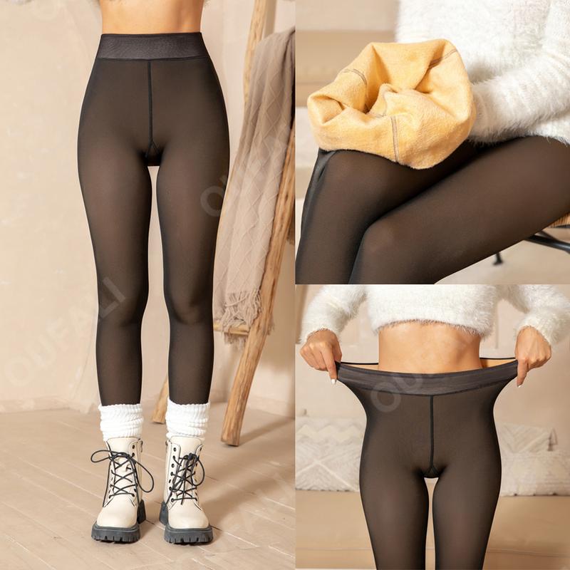 OUFALI Fleece Lined Tights Women Sheer Black Fleece Pantyhose Winter Warm Thermal Fake Translucent Leggings Closed Foot