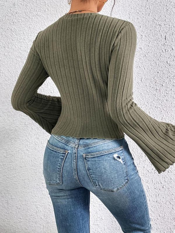 Women's Plain Lettuce Trim Flounce Sleeve Knit Top, Elegant Long Sleeve Round Neck Top for Fall & Winter, Sweaters for Women, Women's Knitwear for Daily Wear, Downtown Girl Clothes