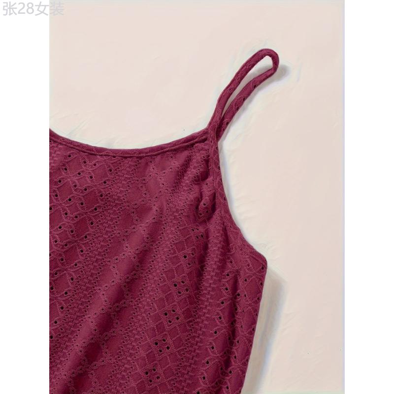 3pcs Plus Size Women's Casual Loungewear, Solid Eyelet Embroidery Round Neck Frill Trim Cami Nightdress Fabric Nightwear