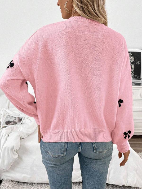 Women's Bow Print Drop Shoulder Sweater, Casual Long Sleeve Round Neck Jumper for Fall & Winter, Fashion Ladies' Knitwear for Daily Wear