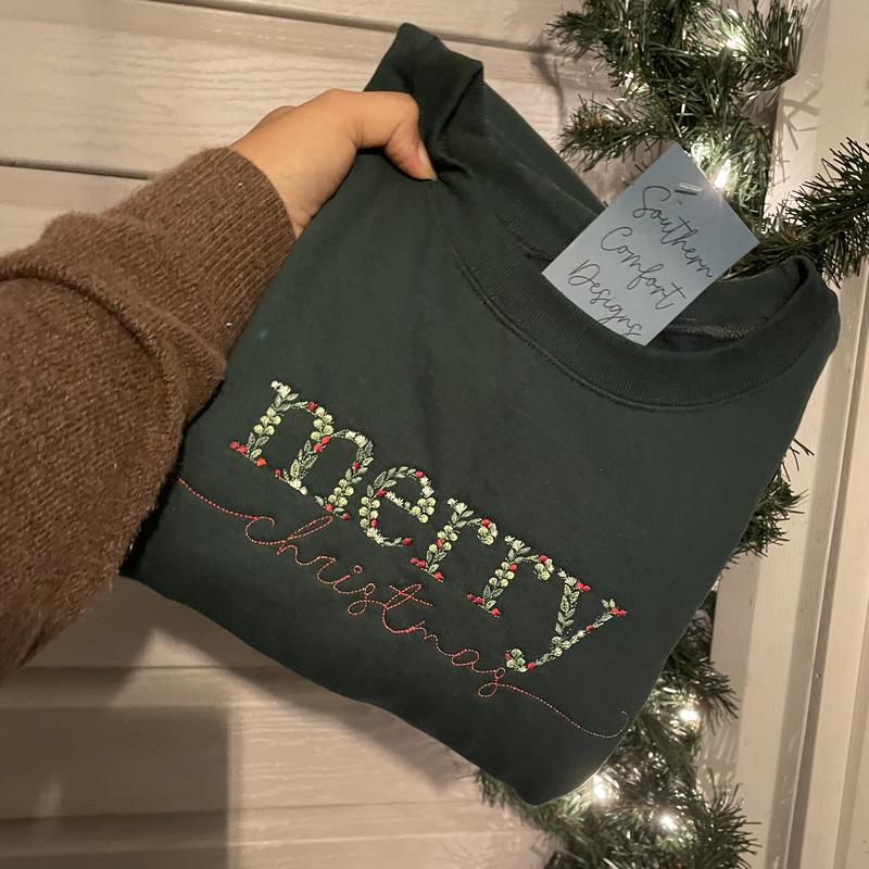 Merry Christmas Floral Embroidered Sweatshirt