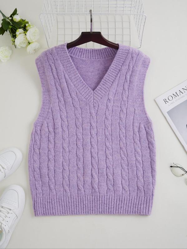  Solid V Neck Cable Knit Sweater Vest, Casual Sleeveless Knit Top for Daily Outdoor Wear, Women Plus Clothing for All Seasons