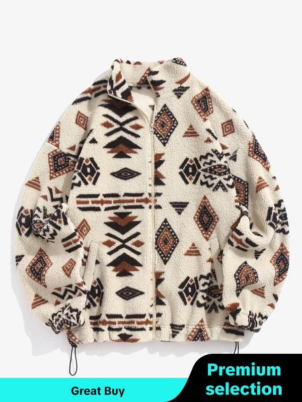 Women's Ethnic Pattern Drawstring Zip Up Coat, Lady Casual Jackets, Fashion Cozy Mock Neck Drop Shoulder Long Sleeve Outerwear Tops, Women's Clothes, Going Out Tops 2000s