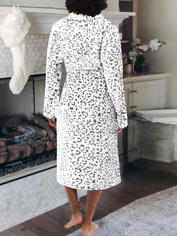 Women's Leopard Print Pocket Belted Wrap Lounge Robe, Casual Long Sleeve Dressing Gown, Women's Sleepwear for Winter