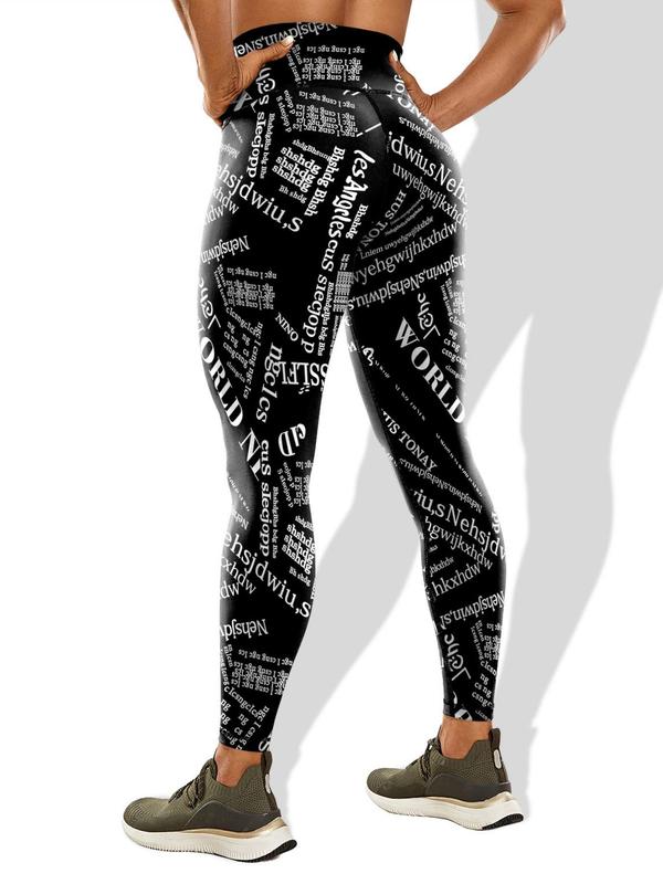 Women's All Over Letter Print High Waist Leggings, Casual Comfy Skinny Pants for Daily Wear, Ladies Bottoms for All Seasons