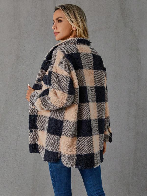 Women's Plaid Print Button Front Drop Shoulder Plush Coat, Casual Jackets, Long Sleeve Collared Outerwear for Fall & Winter, Ladies Clothes for Daily Wear