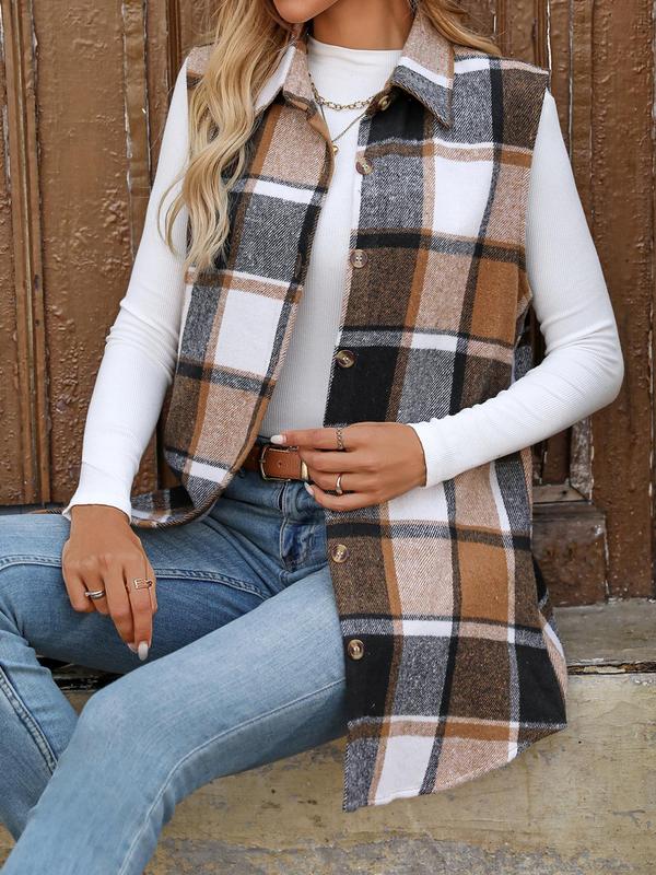 Women's Plaid Print Button Front Vest Coat, Casual Sleeveless Collared Outerwear for Daily Wear, Ladies Clothes for All Seasons