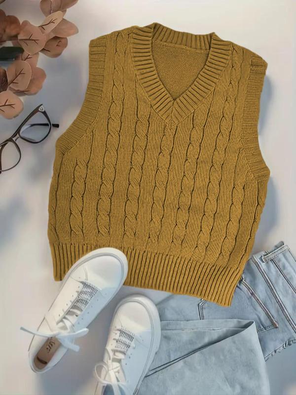  Solid V Neck Cable Knit Sweater Vest, Casual Sleeveless Knit Top for Daily Outdoor Wear, Women Plus Clothing for All Seasons