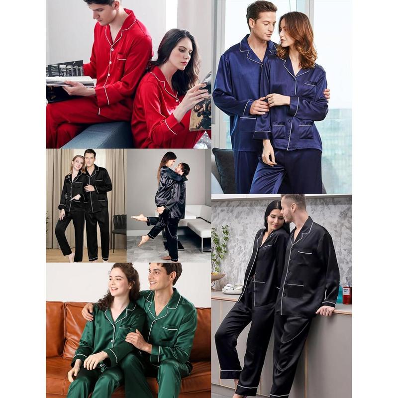 Couples Matching Pajamas Set Satin Long Sleeve Sleepwear Soft Button Down Pj Set Silk Loungewear