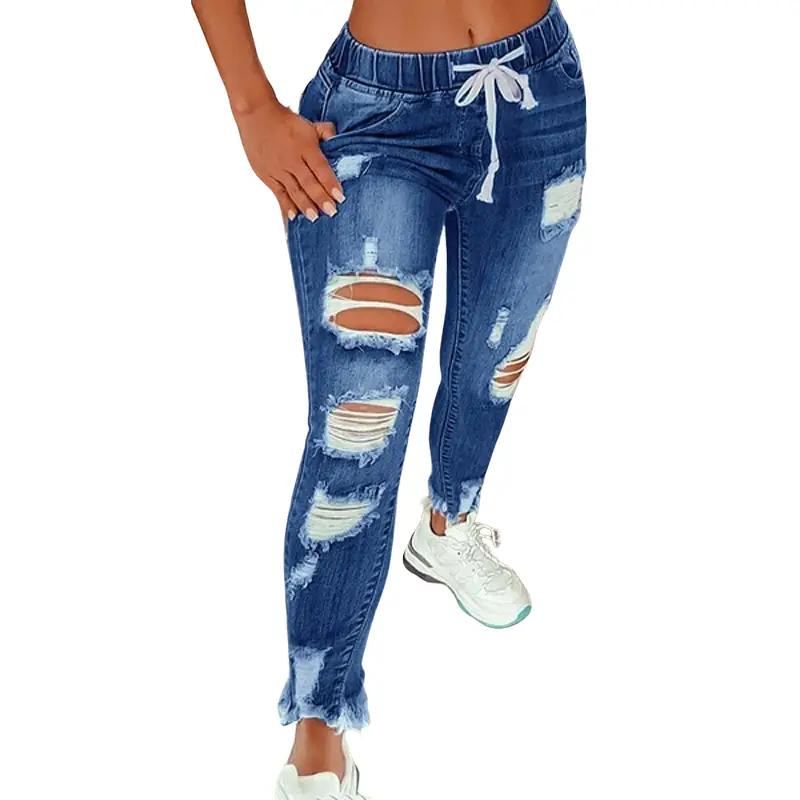 Fashionable casual simple street trend elastic waist women's jeans high waist ripped feet lace-up trousers Womenswear Bottom