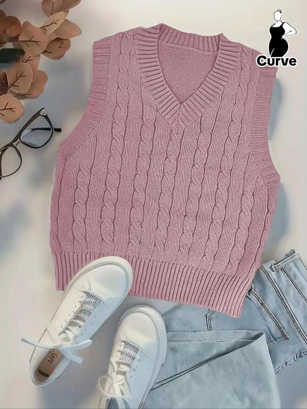  Solid V Neck Cable Knit Sweater Vest, Casual Sleeveless Knit Top for Daily Outdoor Wear, Women Plus Clothing for All Seasons