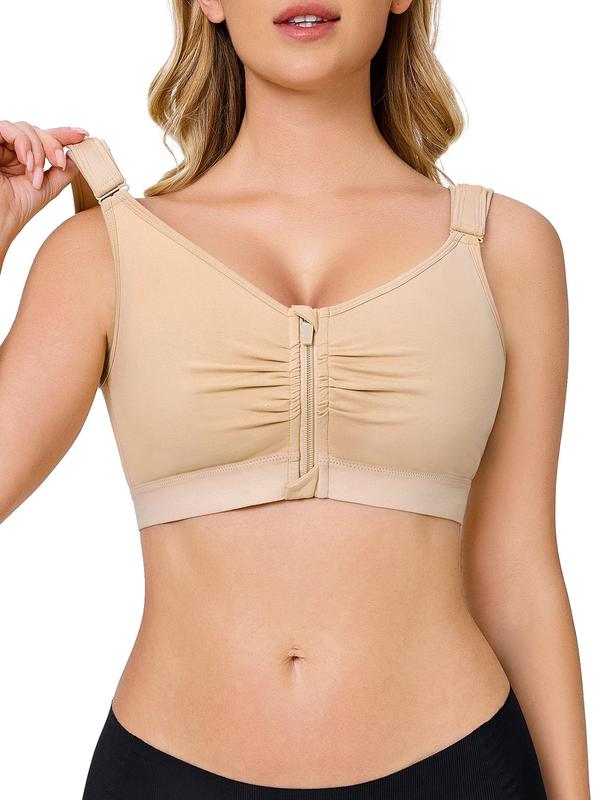 Women's Solid Ruched Zipper Front Wireless Bralette, Casual Comfortable Breathable Bra, Women's Lingerie for All Seasons