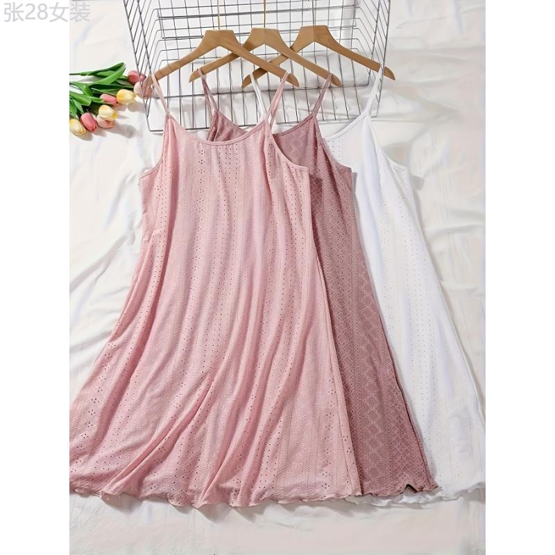 3pcs Plus Size Women's Casual Loungewear, Solid Eyelet Embroidery Round Neck Frill Trim Cami Nightdress Fabric Nightwear