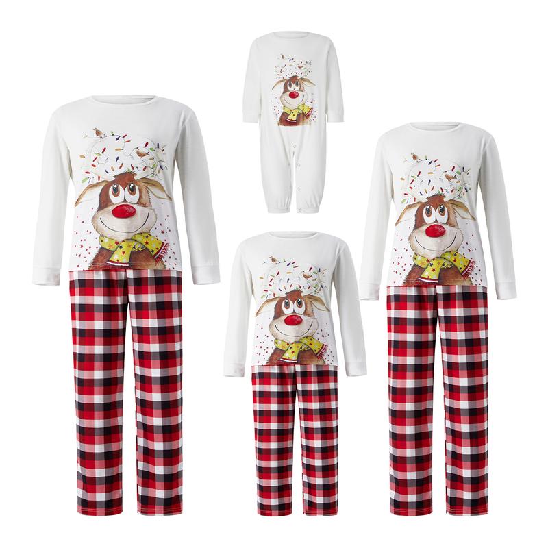 Family Christmas Pajamas Matching Sets for Mom Dad Kid Baby Cartoon Elk Plaid Printing Long Sleeve Pullover Tops Long Pants Sleepwear