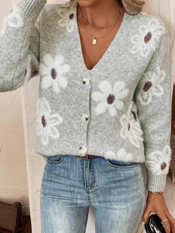 Women's Floral Print Drop Shoulder Button Front Sweater Cardigan, Casual Long Sleeve V Neck Cardigan Sweater for Daily Wear, Ladies Knitwear for All Seasons