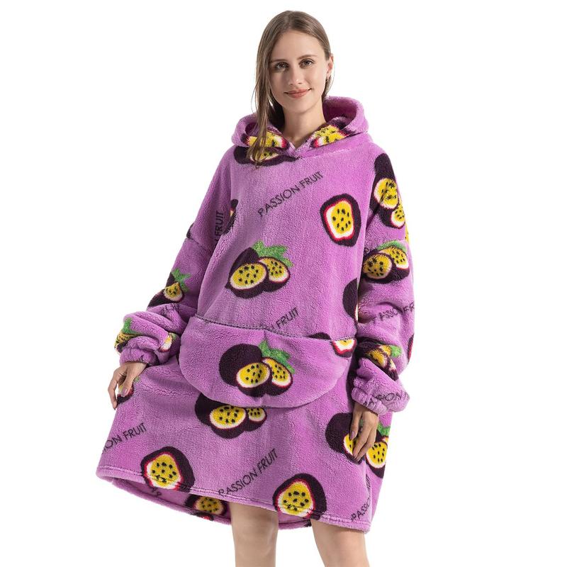 Cartoon Pattern Hooded Flannel Hoodie Blanket, 1 Count 320GSM Air-conditioned Room Long Sleeve Wearable Blanket with Pocket, Soft Warm Blanket for Home Office Bed Camping Travel