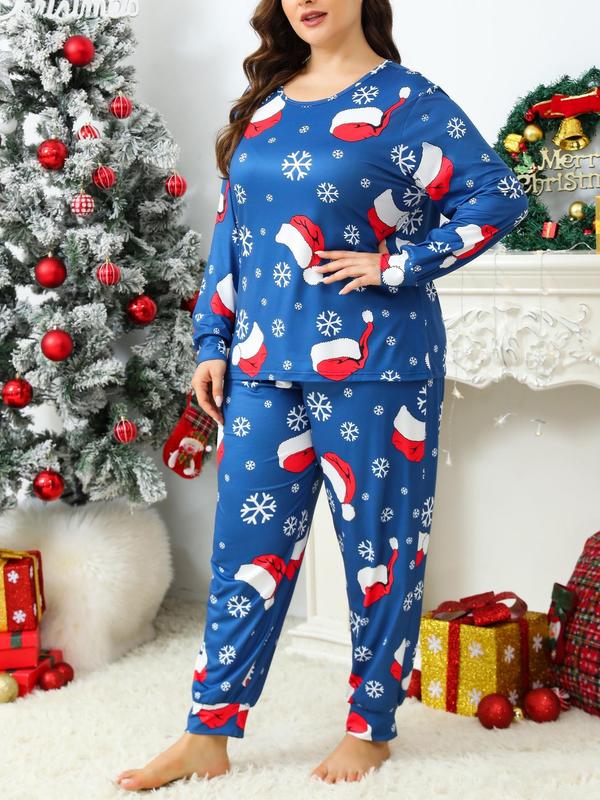  Two-Piece Set Christmas Print Long Sleeve Tee & Elastic Waist Pants Pajama Set, Casual Comfy Round Neck Top & Trousers PJ Set, Women's Sleepwear for Fall & Winter