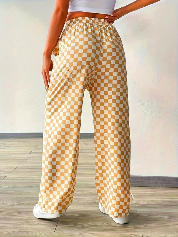 Women's Plaid Print Pocket Elastic Waist Straight Leg Pants, Casual Comfy Trousers for Daily Wear, Pants for Women, Ladies Bottoms for All Seasons