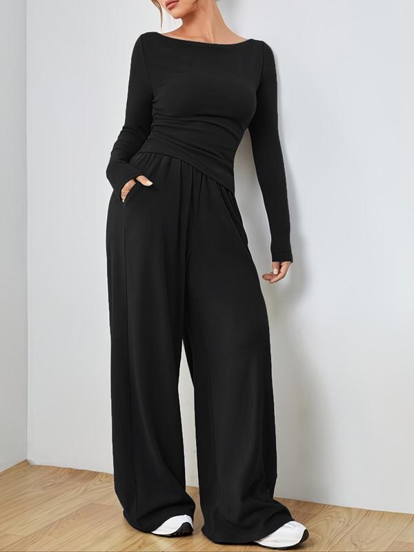  Two-piece Set Solid Ruched Boat Neck Tee & Elastic Waist Wide Leg Pants Set, Two Piece Set Women, Casual Long Sleeve Top & Pocket Trousers, Women's Fall & Winter Clothes