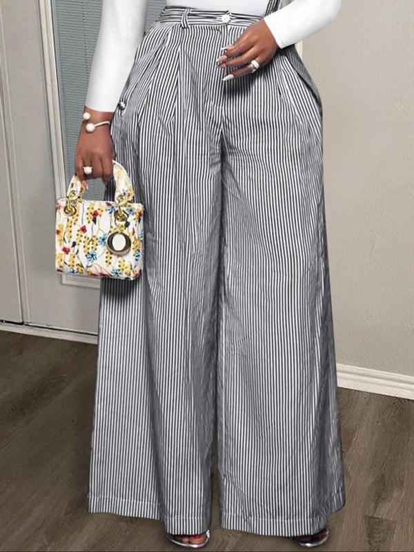  Striped Print Button Pocket Wide Leg Pants, Casual Comfy Trousers for Women, Women's Bottoms for Fall & Winter