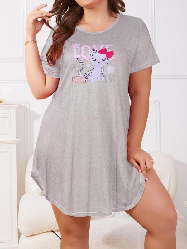 Plus Size Cartoon Cat Print Round Neck Nightdress, Casual Soft Comfortable Short Sleeve Nightgown For Women, Women's Sleepwear For All Seasons