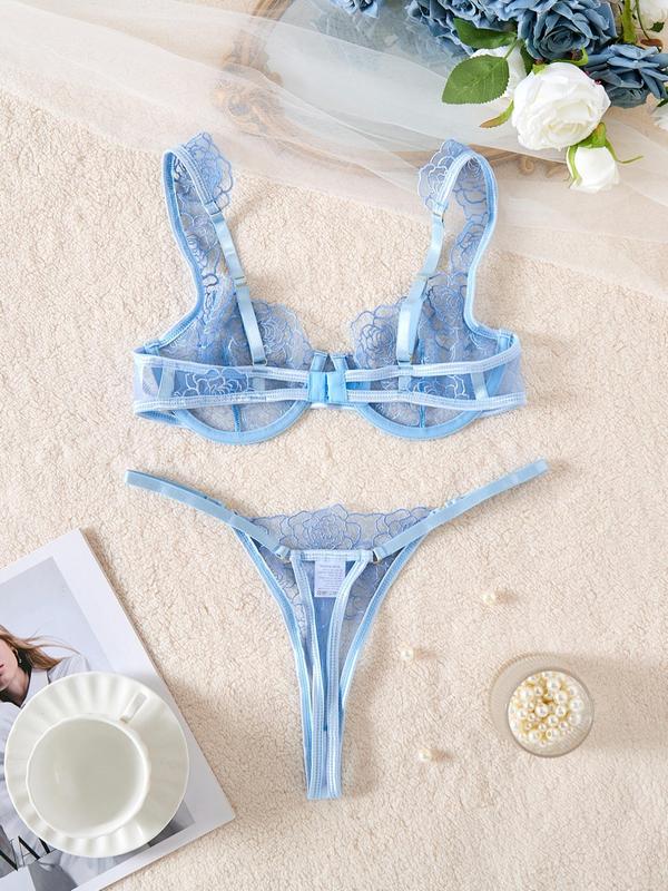 Women's Contrast Mesh Floral Lace Lingerie Set, Sexy Underwire Bralette & Thong, Women's Sexy Lingerie & Underwear Set for Summer