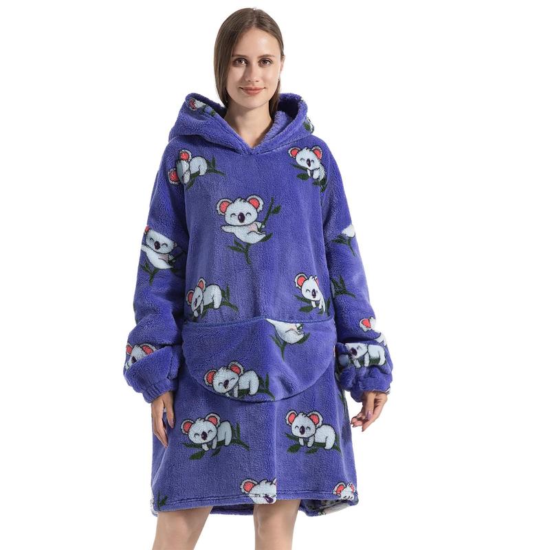 Cartoon Pattern Hooded Flannel Hoodie Blanket, 1 Count 320GSM Air-conditioned Room Long Sleeve Wearable Blanket with Pocket, Soft Warm Blanket for Home Office Bed Camping Travel