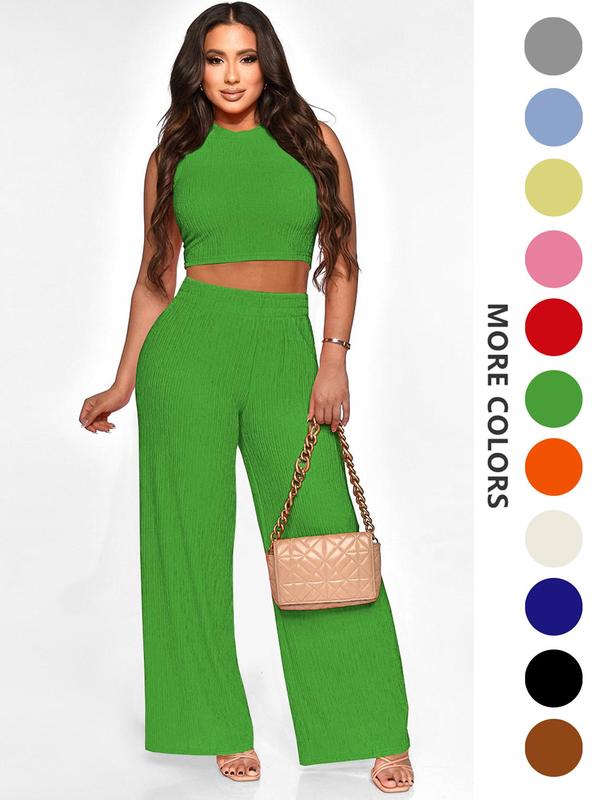 Two-Piece Set Women's Solid Textured Co-ord Set, Casual Round Neck Crop Tank Top & Wide Leg Pants Set, Ladies Summer Clothes for Daily Wear, Summer Outfits