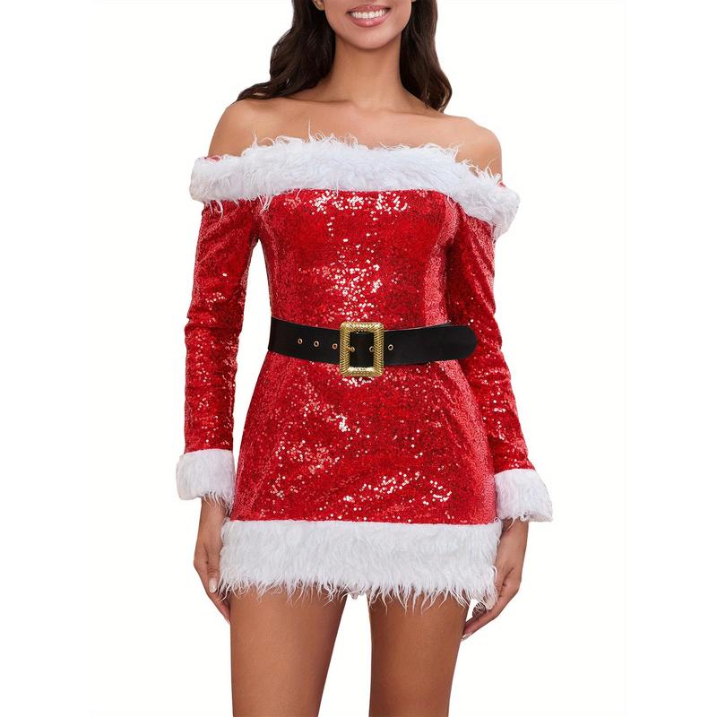 Women's Christmas Santa Dress Deluxe Mrs. Claus Costume Off Shoulder Long Sleeve Bodycon Mini Dress